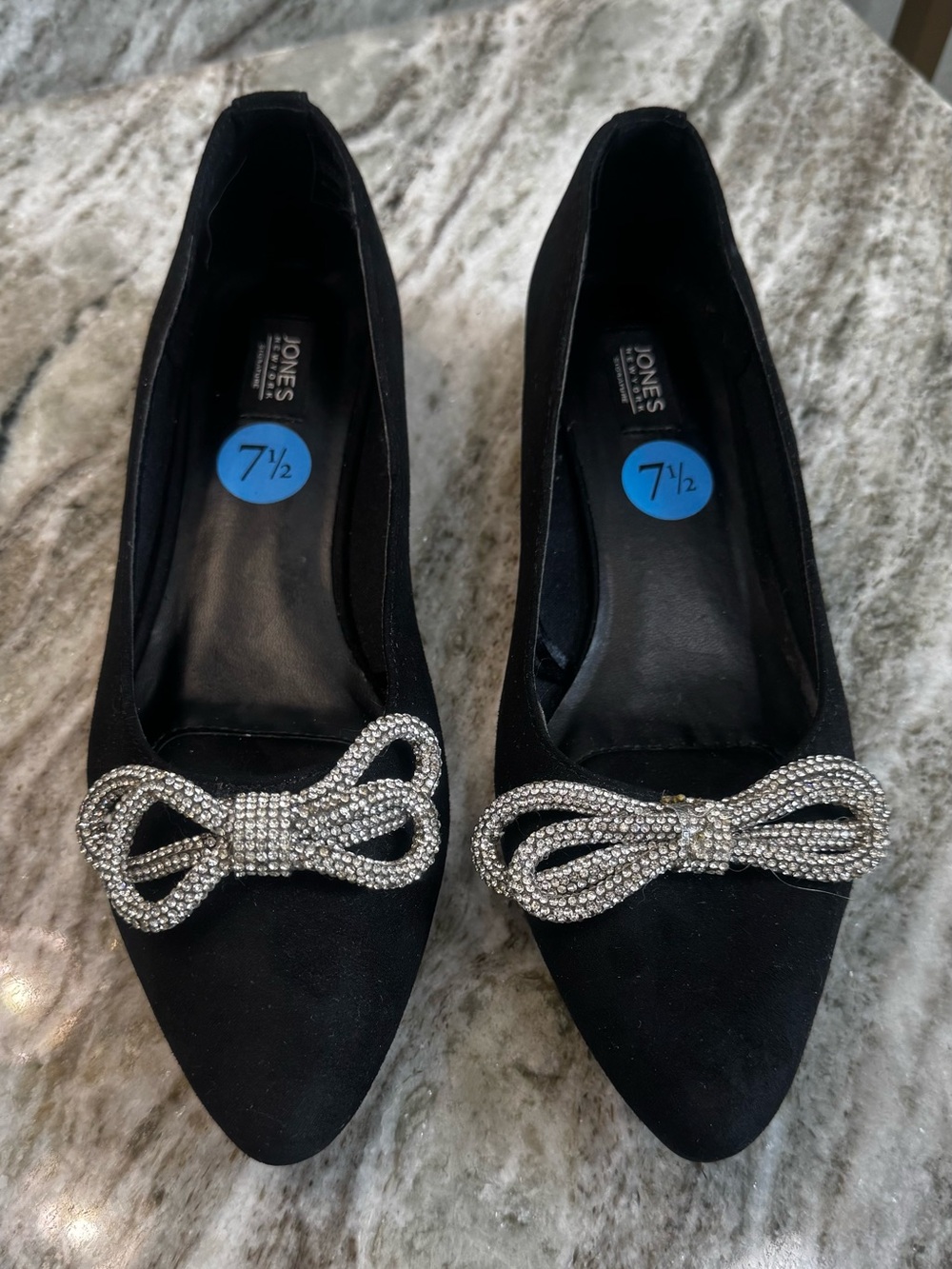 Jones New York Velvet Pointed Toed Flats with Silver Rhinestone Bow